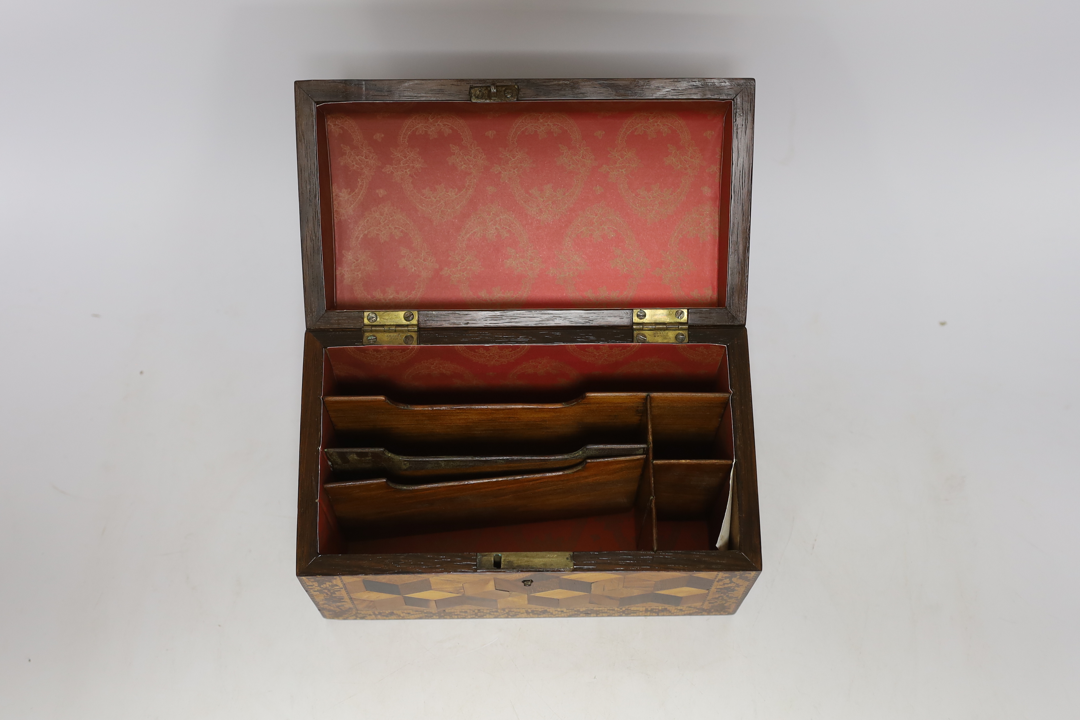 A Tunbridgeware specimen perspective cube marquetry stationary box, 21cm wide, 11cm deep, 13cm high